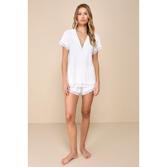 Lulus Snuggly Love Ivory Short Sleeve Lace Two-piece Pajama Set White - Size XL - Picture 1 of 2